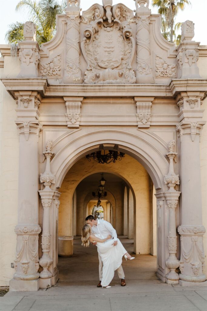 Engaged couple sharing a quiet moment during their Golden Hour Engagement at Balboa Park